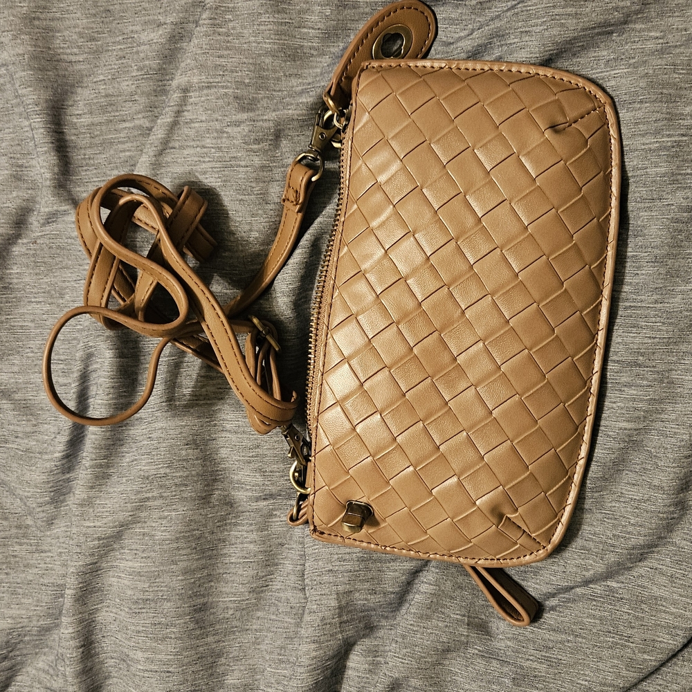 Tan Crossbody Bag with Woven Texture and Leather Strap